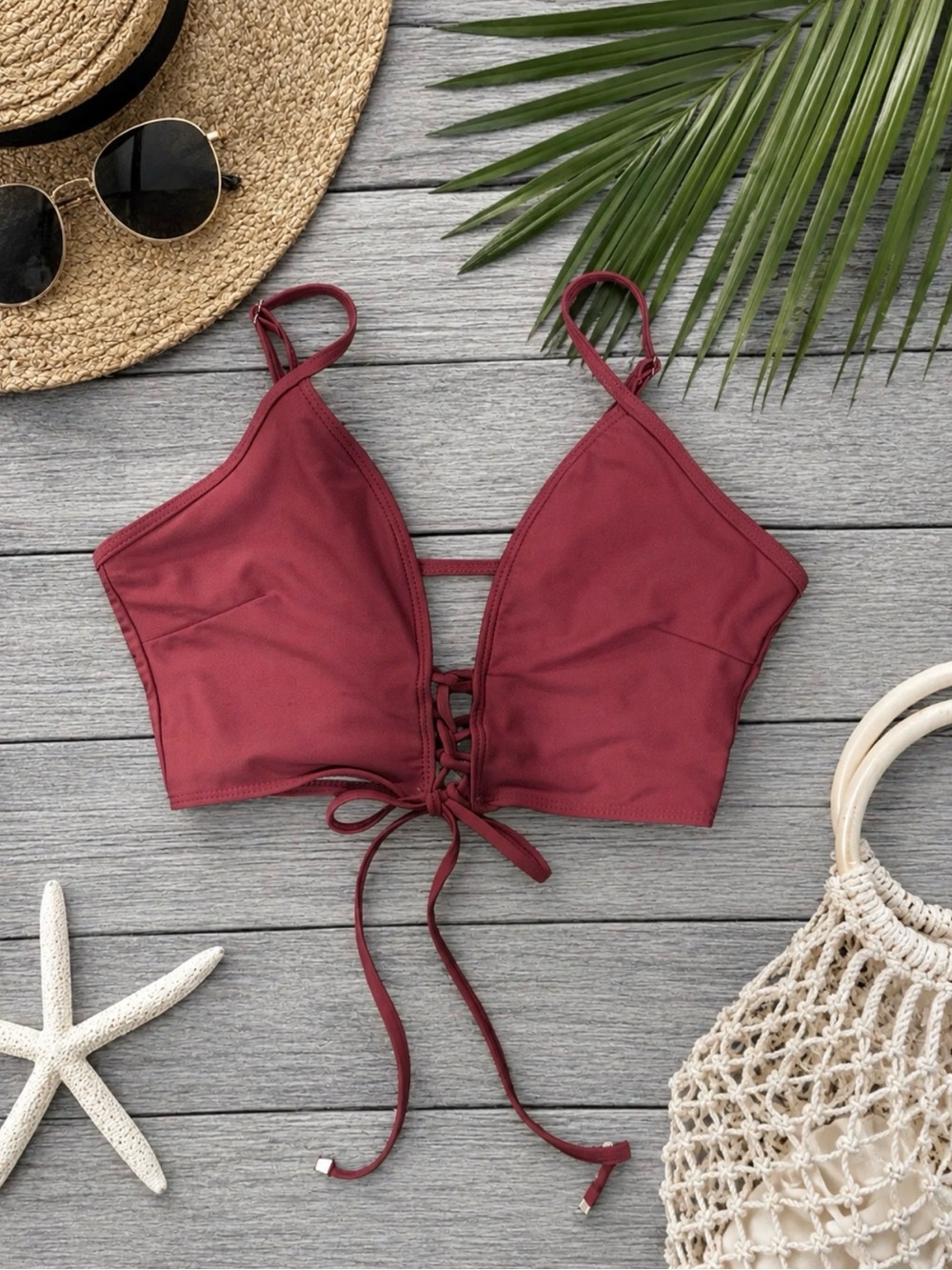 Flattering Lace-Up Bikini Swim Top with Adjustable Straps | Size: Medium
